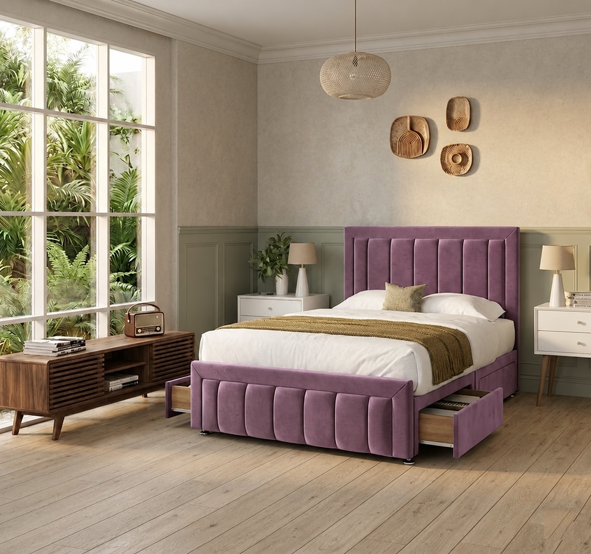 Lola Purple Velvet Divan Bed Frame with storage drawers and matching footboard