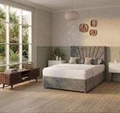 Stone grey crushed velvet divan bed with sunburst wingback headboard
